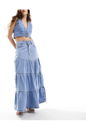 River Island Tiered midi skirt in light denim
