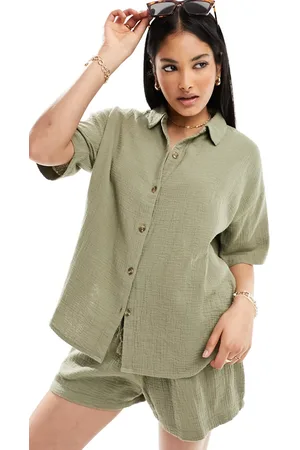 Iisla & Bird Loose fit beach shirt co-ord in khaki