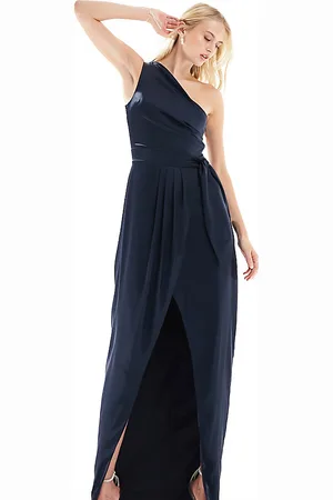 TFNC Bridesmaids one shoulder maxi dress with pleated detail in navy