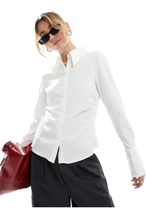 MANGO Cinched waist long sleeve shirt in off