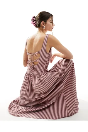 Glamorous Drop waist square neck full skirt maxi dress in brown stripe