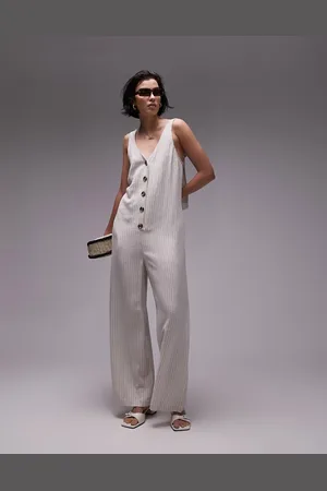 Topshop Textured button down jumpsuit in linen stripe