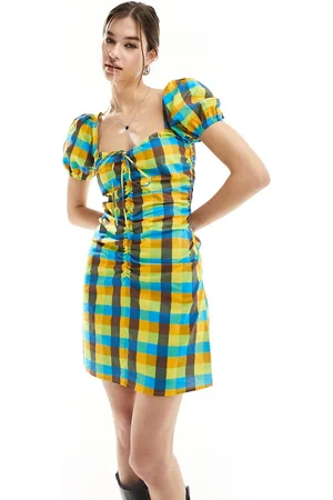 Glamorous Scoop neck short sleeve ruched mini dress in bright check