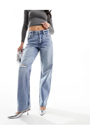 River Island High waist 90s straight leg jeans with rips in medium