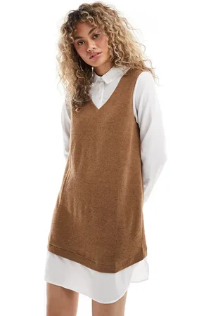 JDY 2 in 1 shirt jumper dress in brown