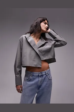 Topshop Stripe cropped shirt in blue and beige