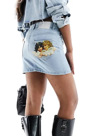 Fiorucci Micro mini denim skirt in vintage wash with angel patch bum