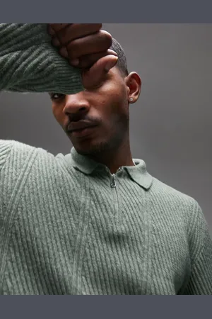 Topman Smart knitted chevron 1/4 polo in sage