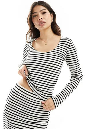 Pieces Ribbed long sleeved scoop back top co-ord in cream and black stripe