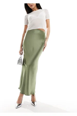 New Look Satin midi skirt in khaki