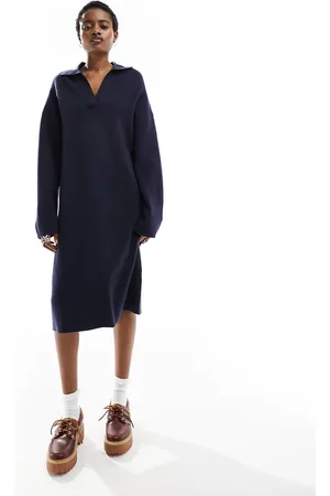 Monki Knitted polo collar midi long sleeve dress in