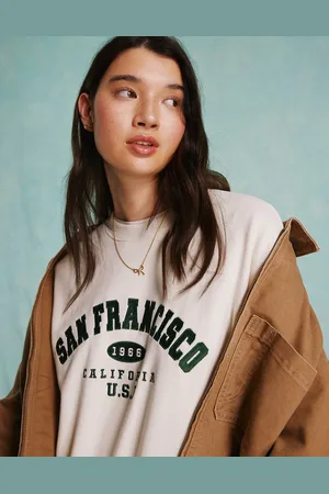 Miss Selfridge Oversized San Francisco embroidery sweatshirt in cream