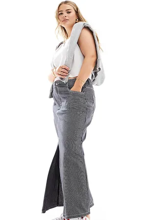 ONLY Lightweight denim midi skirt in pinstripe