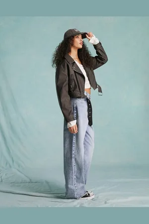 Miss Selfridge Washed faux leather crop biker