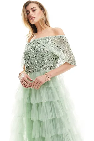 Beauut Bridesmaid embellished off shoulder tiered maxi dress in sage