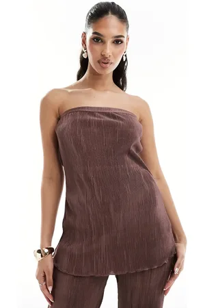 In The Style Bandeau plisse longline top co-ord in chocolate