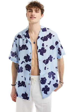 ASOS Relaxed revere shirt in blue stripe with floral print