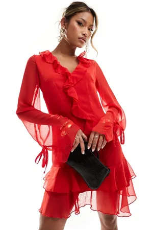 In The Style Chiffon frill detail mini dress with tie sleeves in