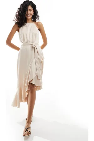 Style Cheat Halterneck cami midi dress with tie waist in champagne