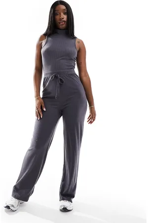 In The Style Ribbed high neck drawstring detail wide leg jumpsuit in charcoal