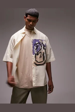 Topman Short sleeve relaxed placement print shirt in ecru