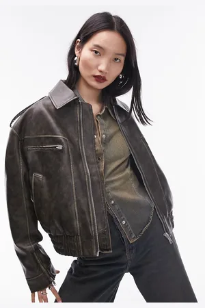 Topshop Faux leather cropped collar bomber jacket in washed