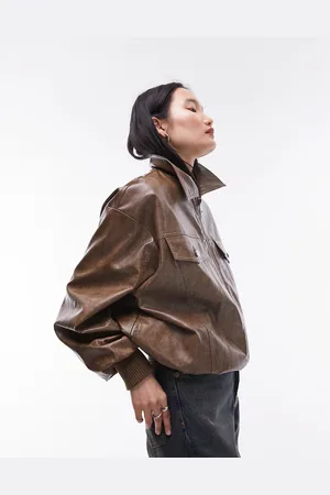 Topshop Faux leather bomber jacket in washed