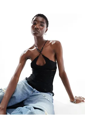 The Kript Open knit halter neck top with bead detail in