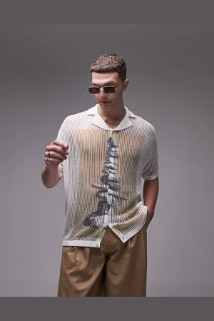 Topman Open knitted shirt with front print in ecru
