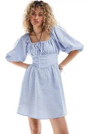 Glamorous Bow detail corset top mini smock dress in textured check