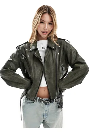 ASOS Washed distressed leather biker jacket in tinted green wash