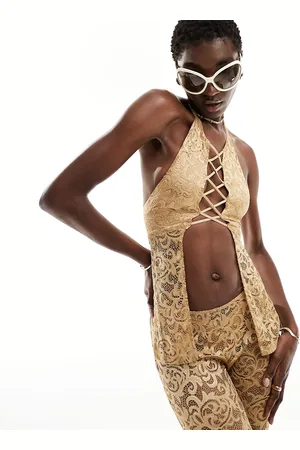 The Kript Halter neck corset front longline cami in tan lace co-ord