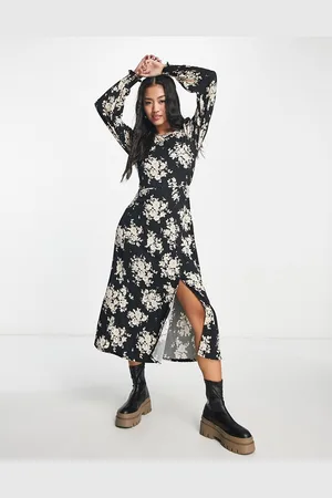 Pieces Puff sleeve midi dress in orange