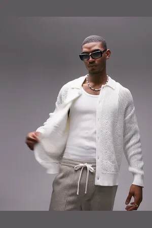 Topman Mixed pattern crochet cardigan in white