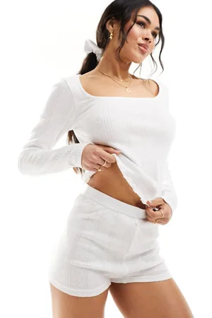 ASOS Pointelle long sleeve top & short pyjama set with scrunchie in white