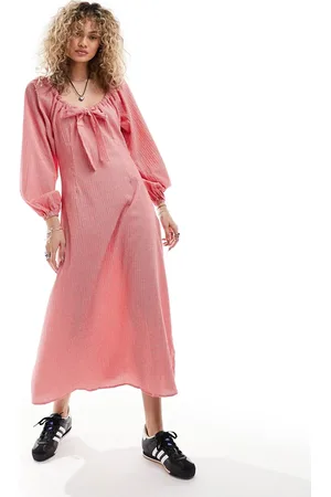 Glamorous Bow detail long sleeve midi smock dress in check