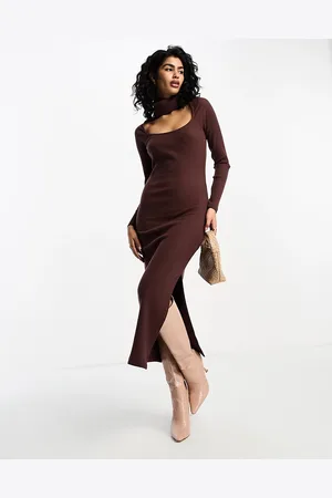 ASOS Supersoft rib long sleeve fitted midi dress with choker detail in chocolate