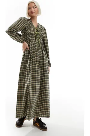 Reclaimed Drawstring tie smock dress in check