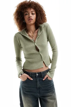 COLLUSION Long sleeve cardigan with asymmetric button detail in green