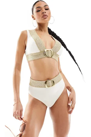 River Island High waisted bikini brief with buckle detail in cream and gold