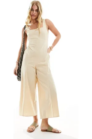 ASOS Linen tie back cropped jumpsuit in stone