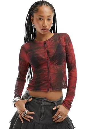 Reclaimed Sheer mesh cardigan in red animal print