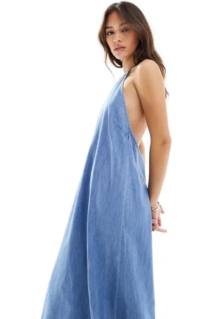 ONLY Halter neck denim maxi dress in mid