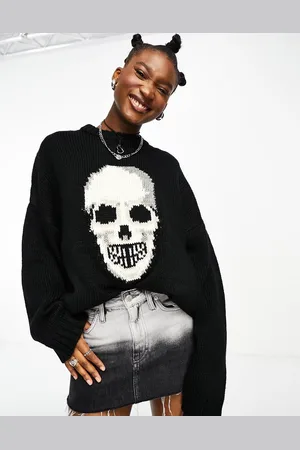 The Ragged Priest Unisex oversized knit jumper in stripe with skull graphic