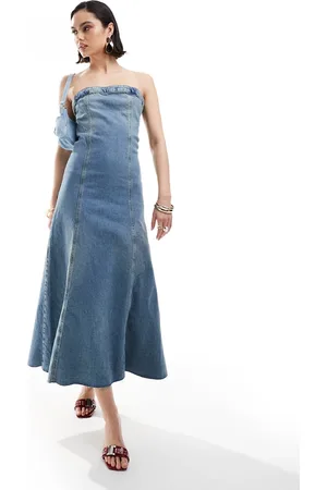 MANGO Bandeau denim midi dress in light