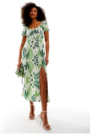 & OTHER STORIES Puff sleeve linen midi dress in fern and floral print