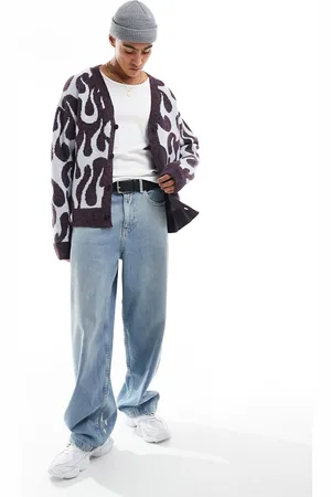 Weekday Jonas relaxed cardigan with swirl flame jacquard in Purple and blue