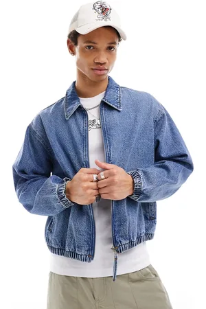 ASOS Cropped denim harrington jacket in mid wash