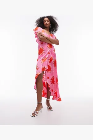 Topshop Frill wrap maxi dress in and red splodge print