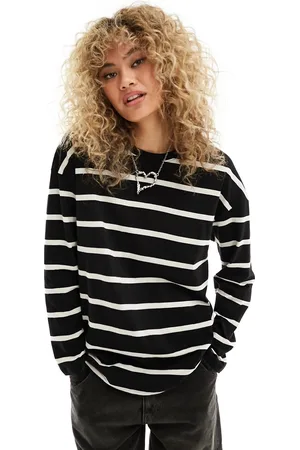 Monki Oversize long sleeve t-shirt in black with off-white stripes